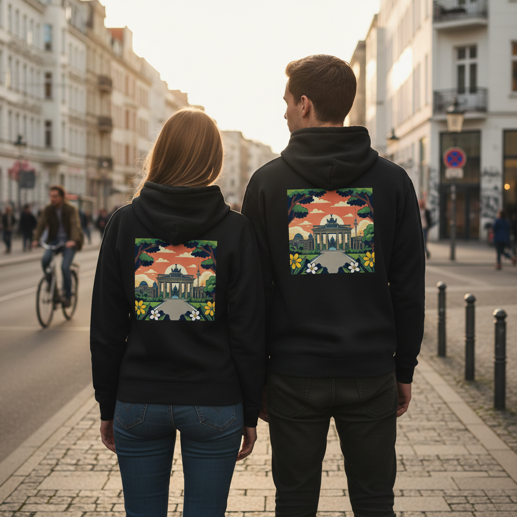 Rückseite eines schwarzen nachhaltigen reißverschluss-kapuzenpullovers mit buntem brandenburgertor-design und blumen