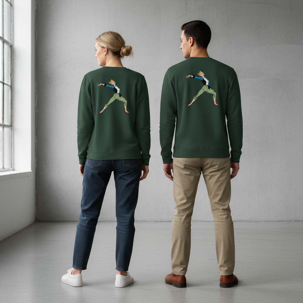 Dunkelgrüner crewneck vintage comic pullover mit bunter stickerei einer frau in dynamischer pose für alltag und style