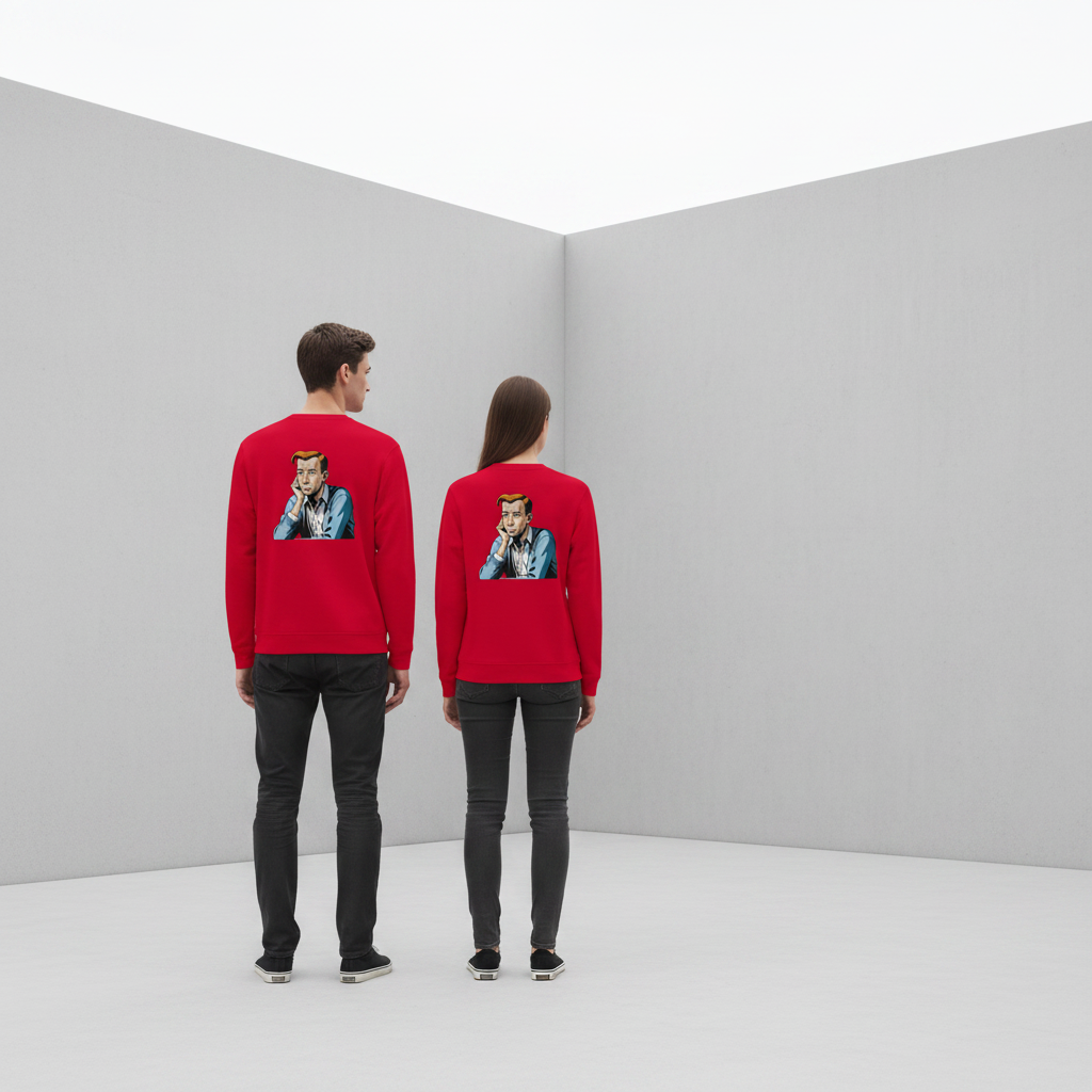 Rotes vintage comic pullover mit humorvollem sarcasm print auf der rückseite für alltag und style