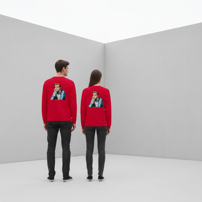 Rotes vintage comic pullover mit humorvollem sarcasm print auf der rückseite für alltag und style
