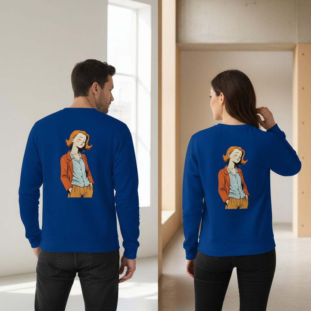Royalblauer vintage comic pullover mit cartoon frau in orange jacke, langärmlig, humorvoller sarcasm für alltag und style