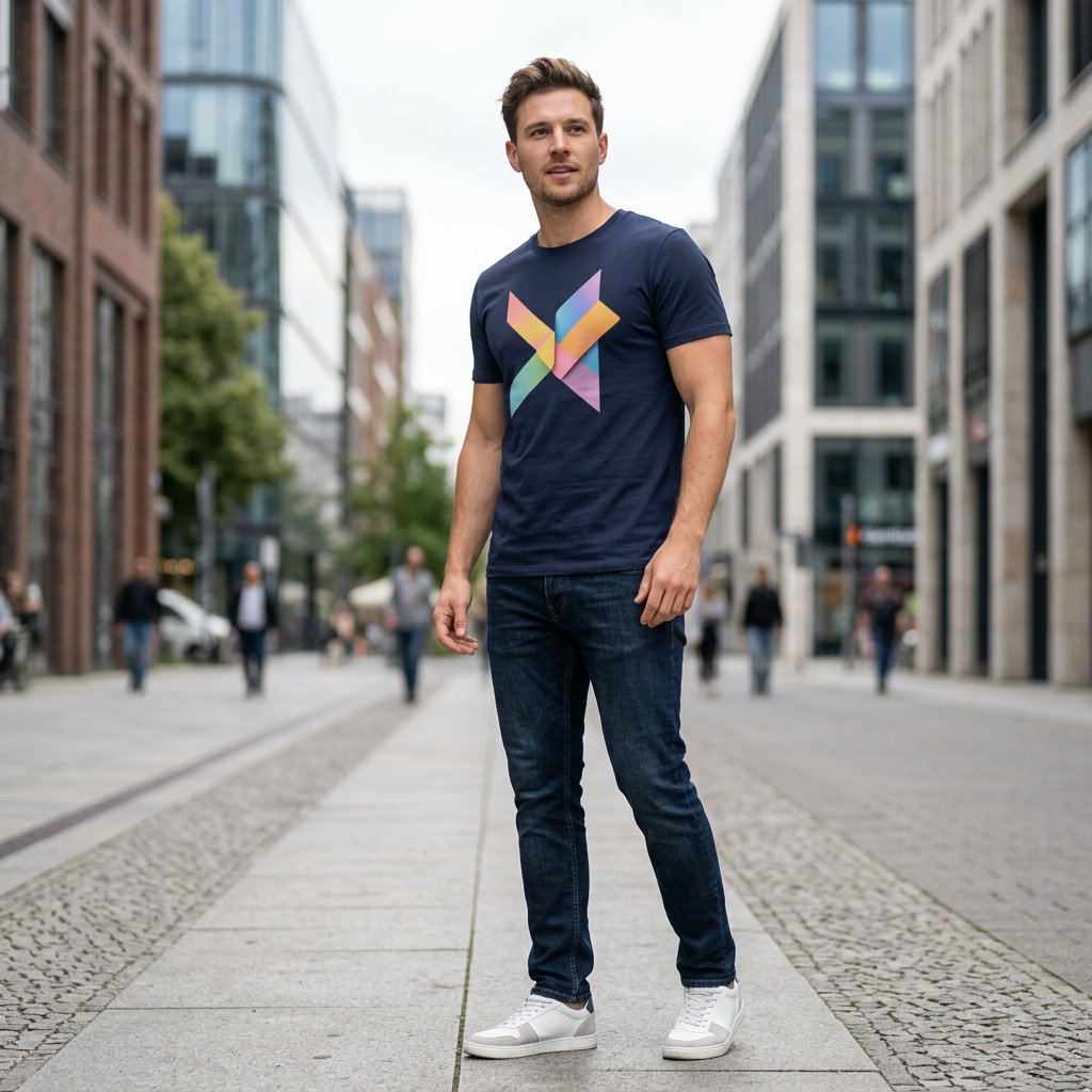 Dark blue T-shirt with a colorful geometric X design by flyliving, worn by a man in dark jeans and white sneakers on a city street.