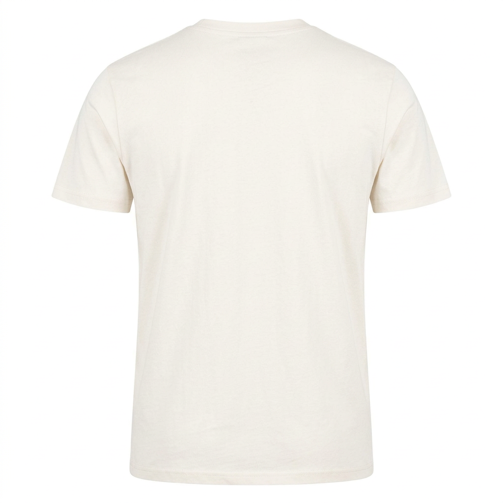 Light cream crew neck t-shirt by flyliving, short sleeves and subtle texture, back view.