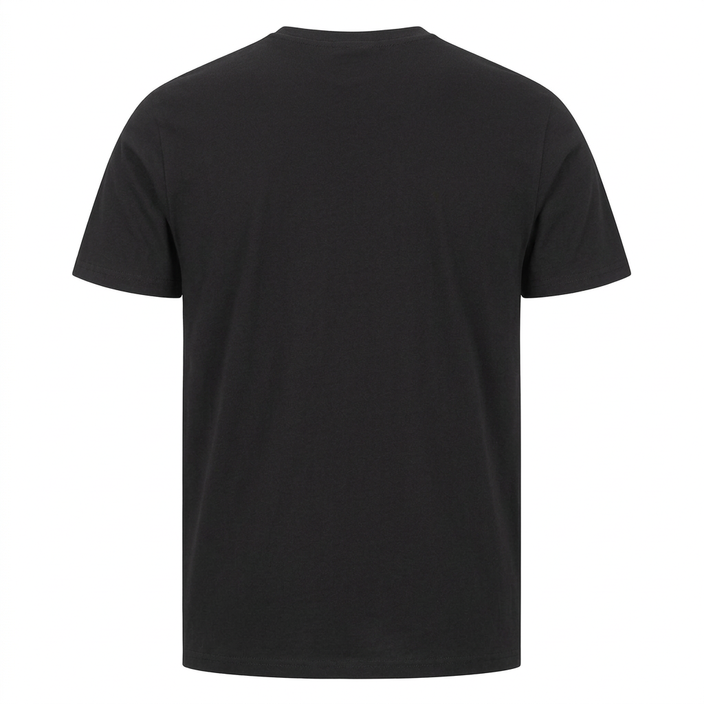 Black short-sleeved T-shirt by flyliving, plain back view with a crew neck.