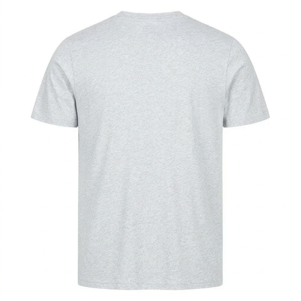 Grey heathered short sleeve t-shirt by flyliving, presented from the back view.