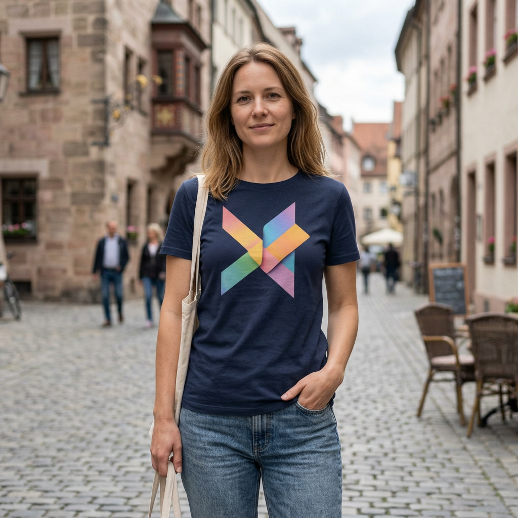 Navy blue T-shirt from flyliving with a colorful geometric X-shaped graphic, worn by a woman in a street.