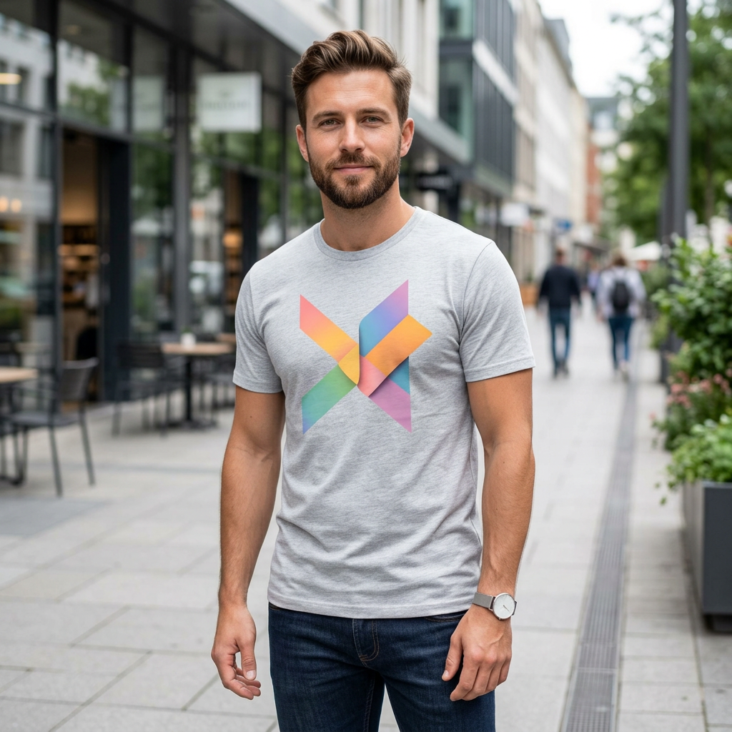 Grey t-shirt with a colorful geometric graphic from flyliving, worn by a man in dark blue jeans on a city street.