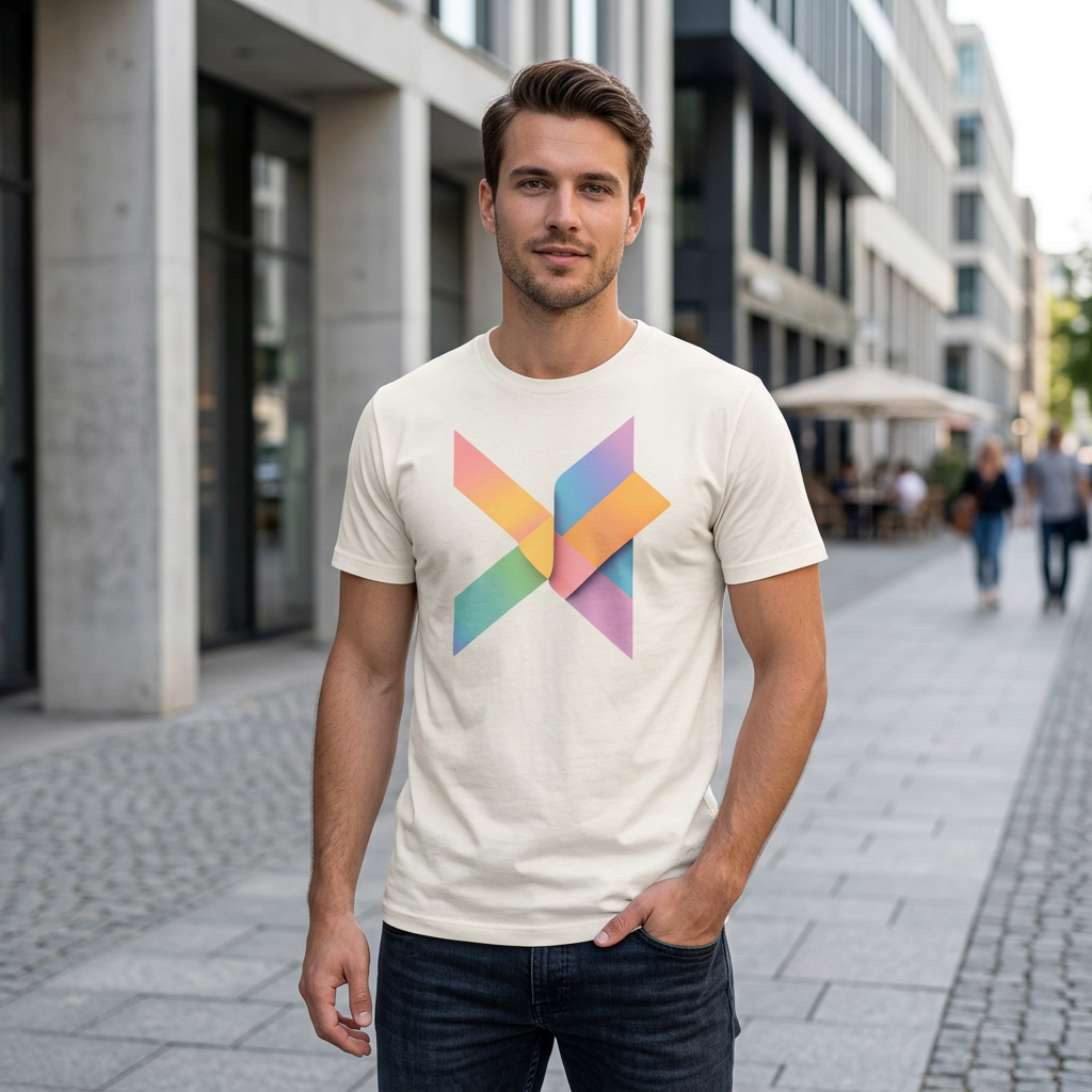 Off-white T-shirt by flyliving featuring a colorful geometric X design, worn by a man on a city street.