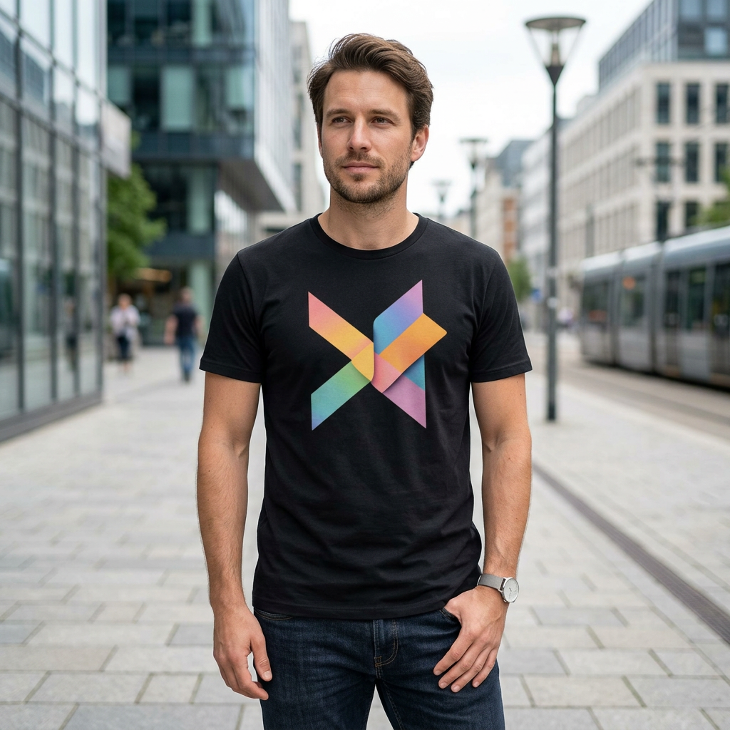Black T-shirt by flyliving with a multicolored geometric X-pattern, styled on a man in a city street.