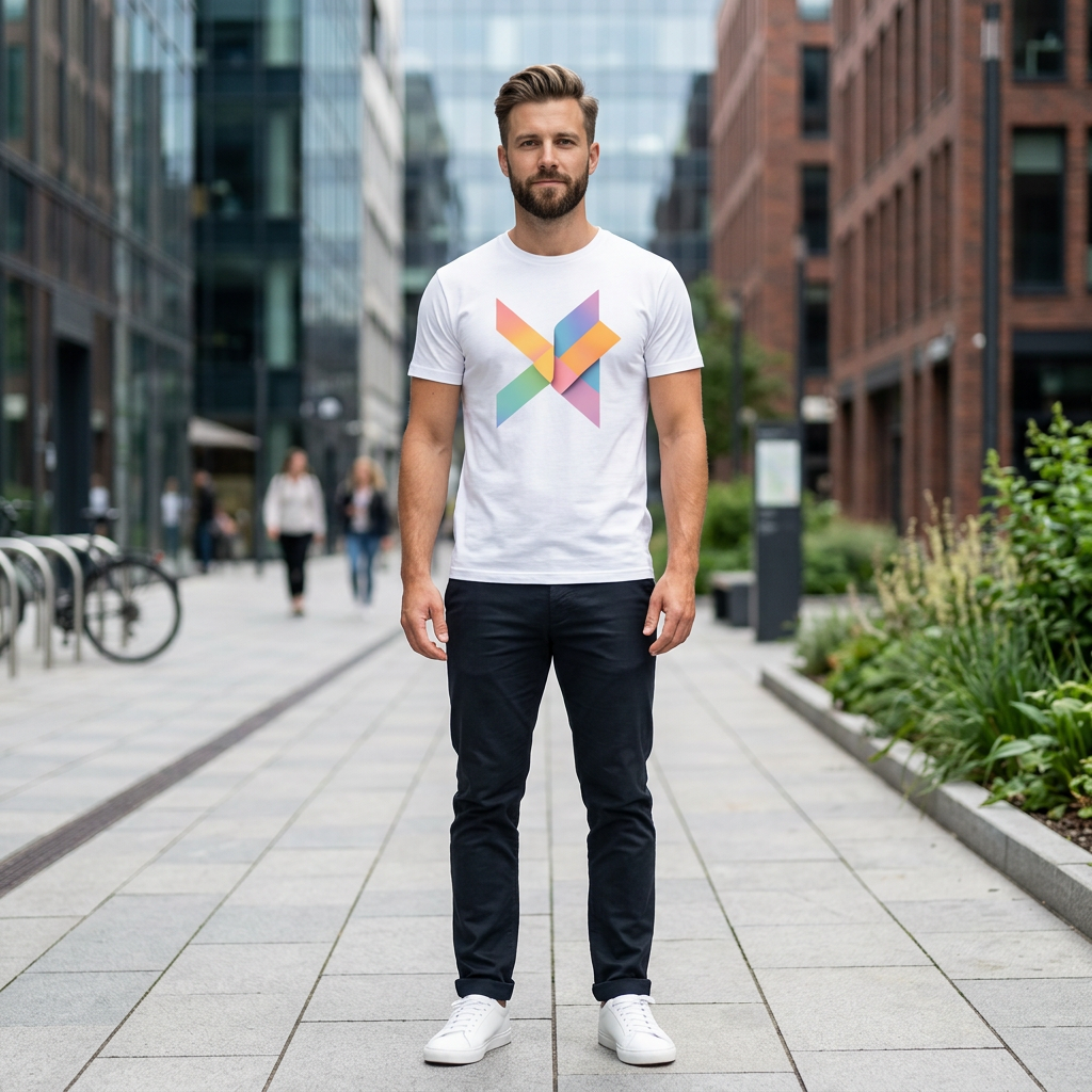 White T-shirt by flyliving with a colorful abstract geometric 'X' logo on the chest, worn by a man.