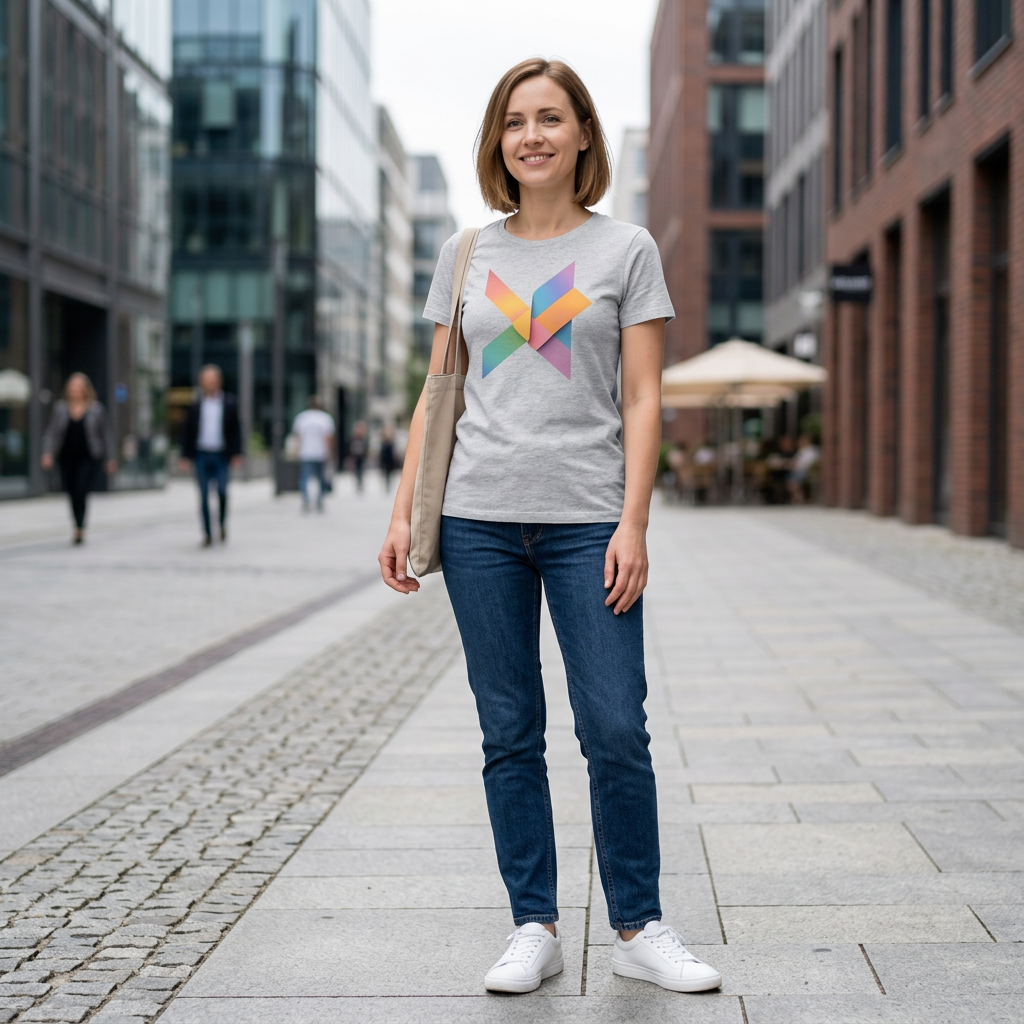 Grey T-shirt with a colorful geometric pattern by flyliving, worn by a woman with blue jeans and white sneakers in a city.