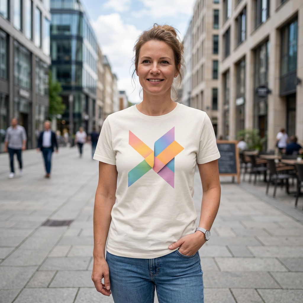 Off-white T-shirt with a colorful geometric X-pattern by flyliving, worn by a woman in a city street setting.