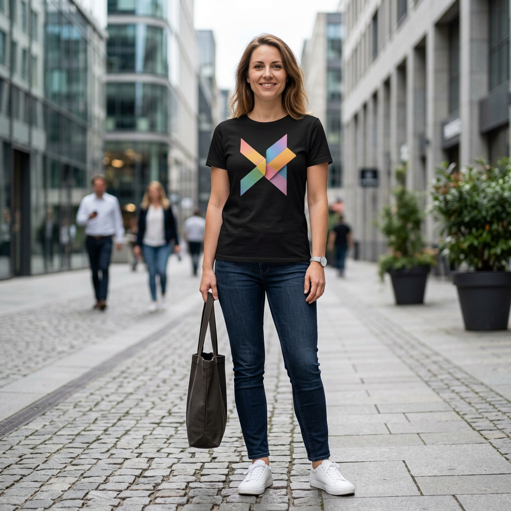 Black T-shirt by flyliving with a colorful geometric X-shaped design, worn by a woman in a city street.