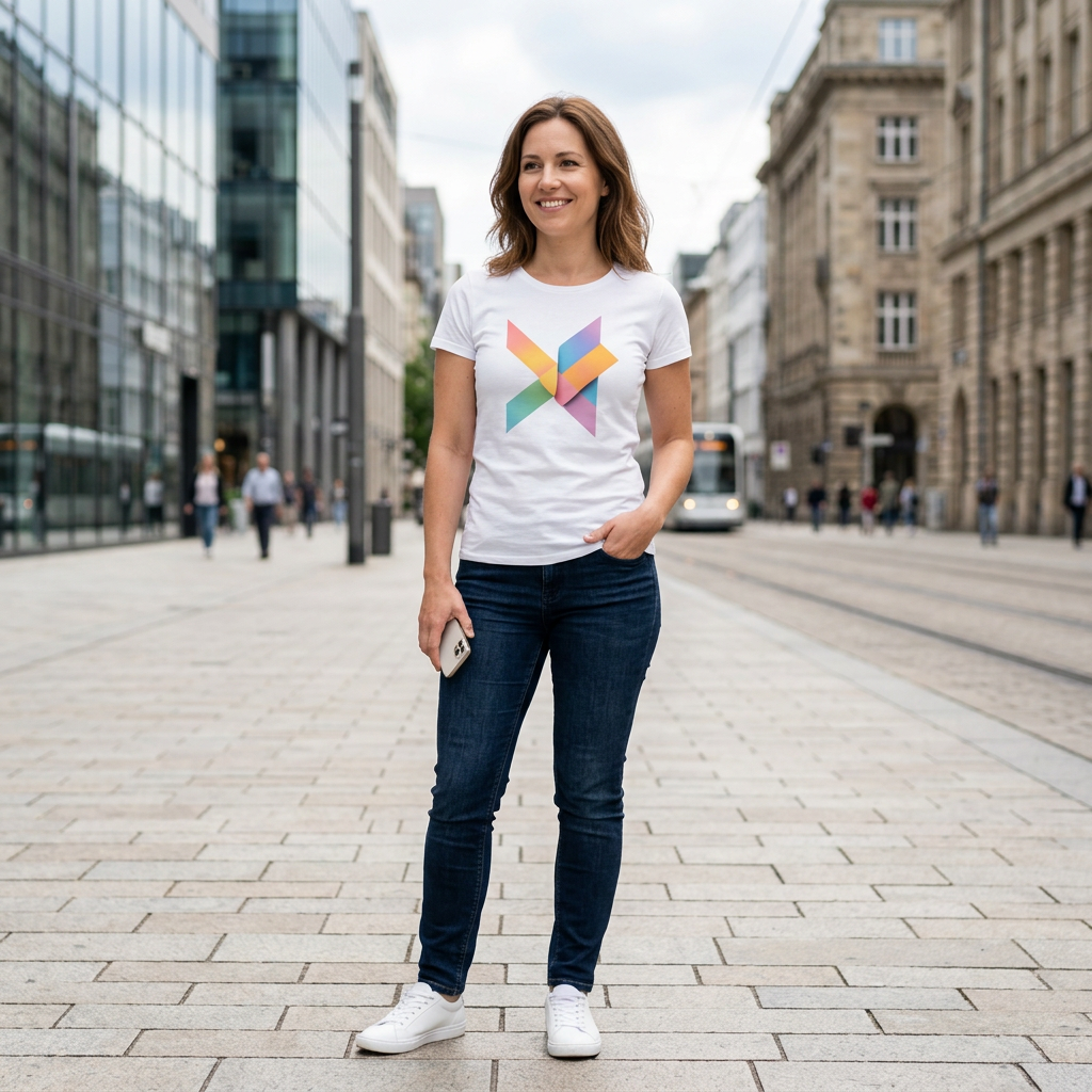 White t-shirt with a colorful geometric X graphic by flyliving, worn by a woman on a city street.