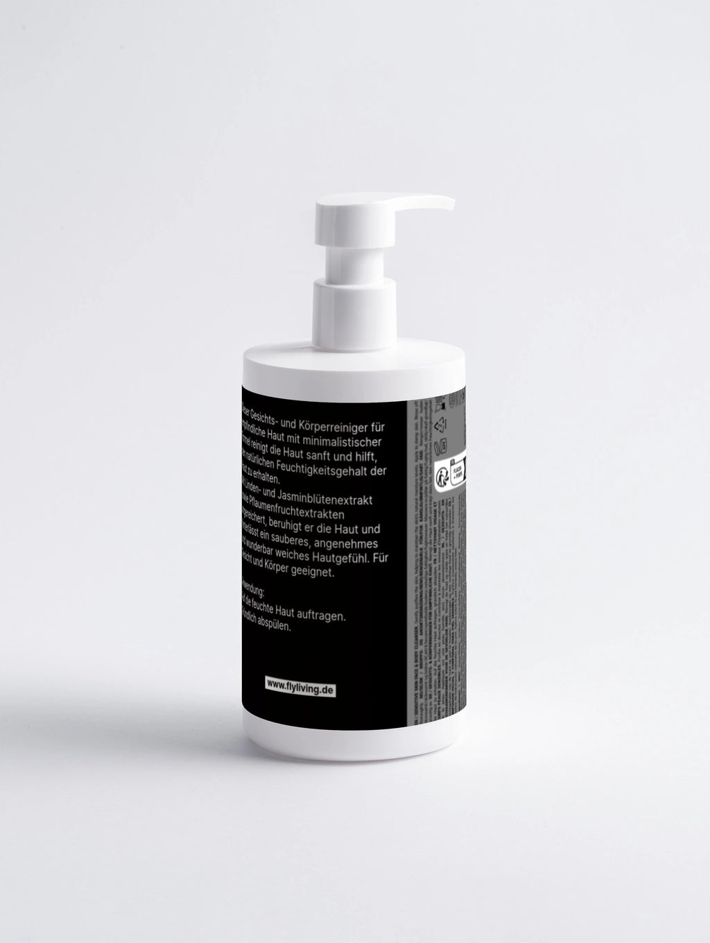 Reinigungsgel für Gesicht und Körper von flycare, in weißer Plastikflasche mit Pumpspender.