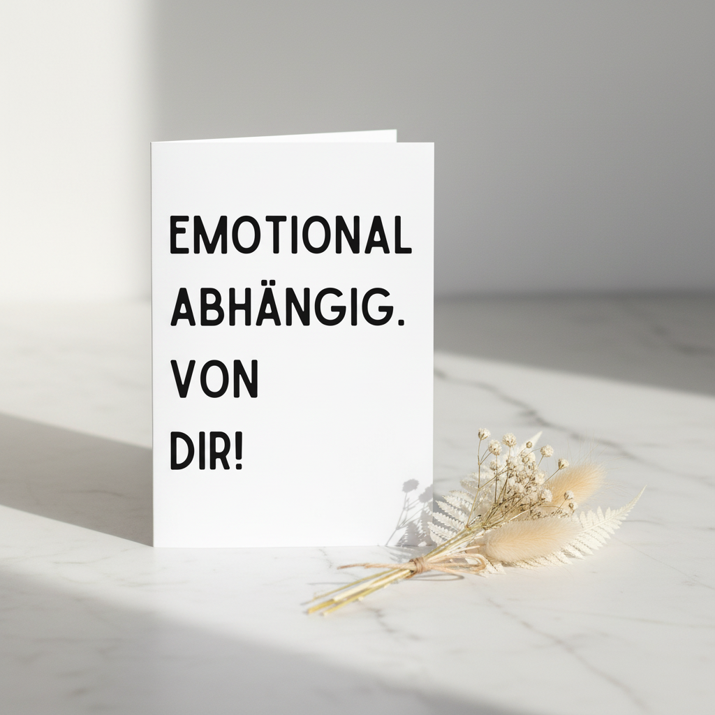 Weiße lustige karte emotional abhängig von dir mit schwarzem fett gedrucktem text din a6 inklusive umschlag