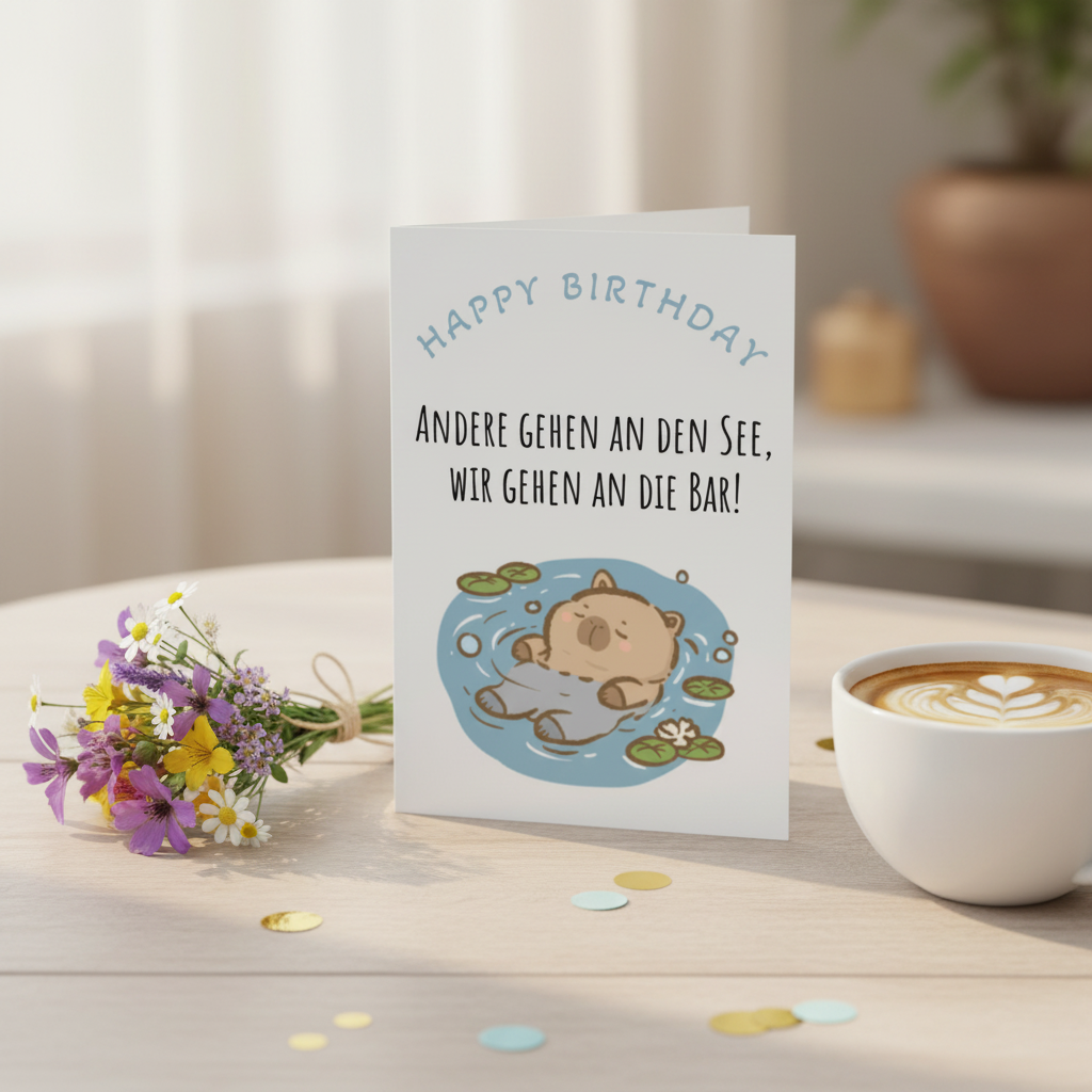 Weiße geschenkkarte mit cartoon capybara im blauen wasser und text happy birthday sowie lustiger spruch zum geburtstag