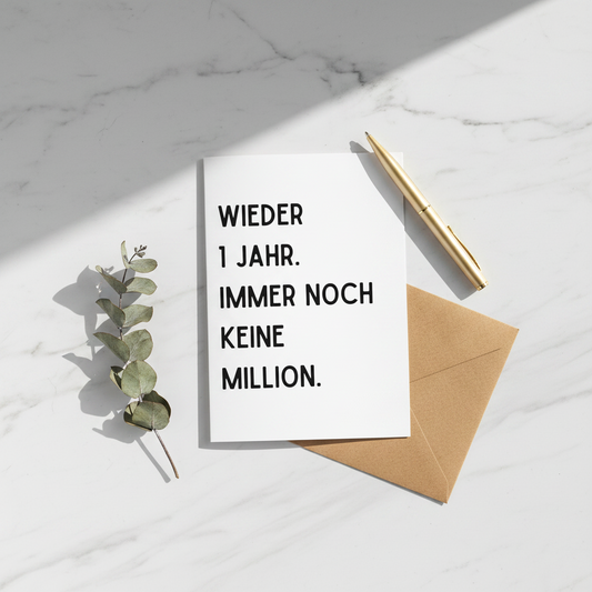 Geburtstagskarte „Wieder ein Jahr. Immer noch keine Million.“ | Minimalistische Spruchkarte