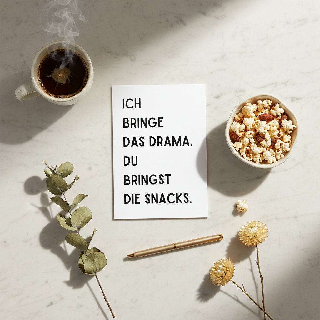 Grußkarte „Ich bringe das Drama, du bringst die Snacks!“ | Perfekt für Chaos-Crews