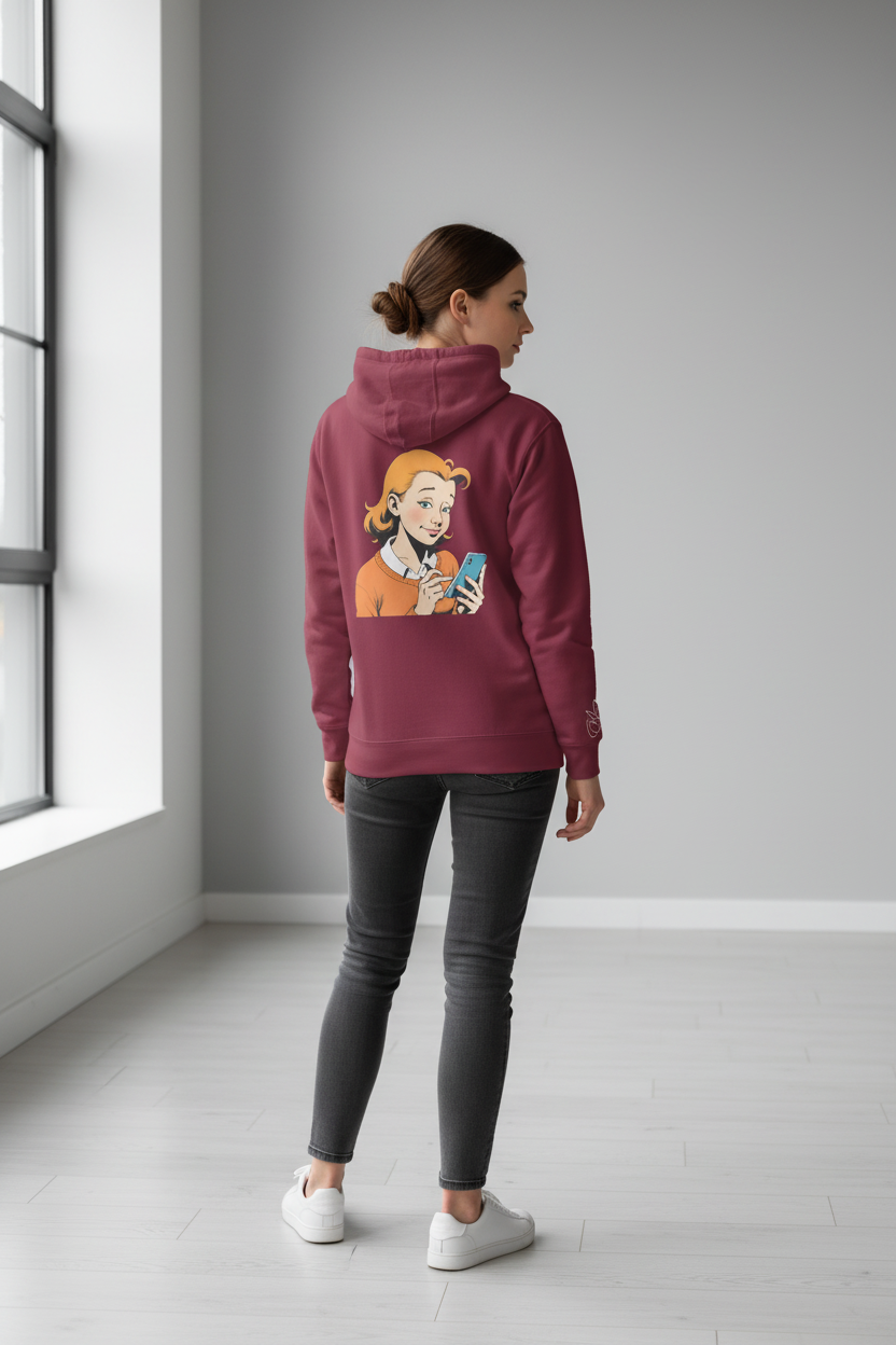 Maroon hoodie with a retro comic print by flyliving, featuring a girl using a smartphone, worn from the back.