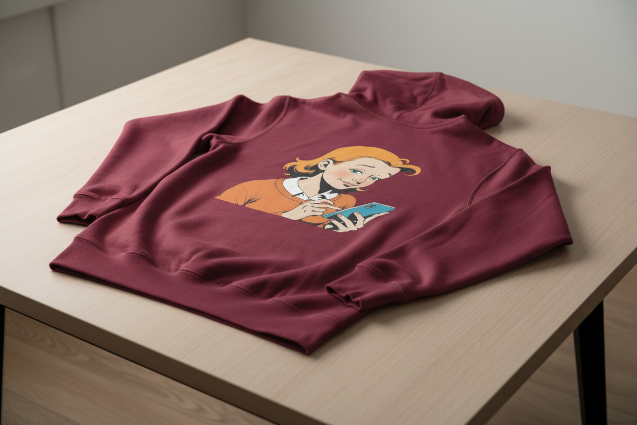 Maroon hoodie with a retro comic print by flyliving, showing a smiling woman using a blue phone, laid on a wooden table.