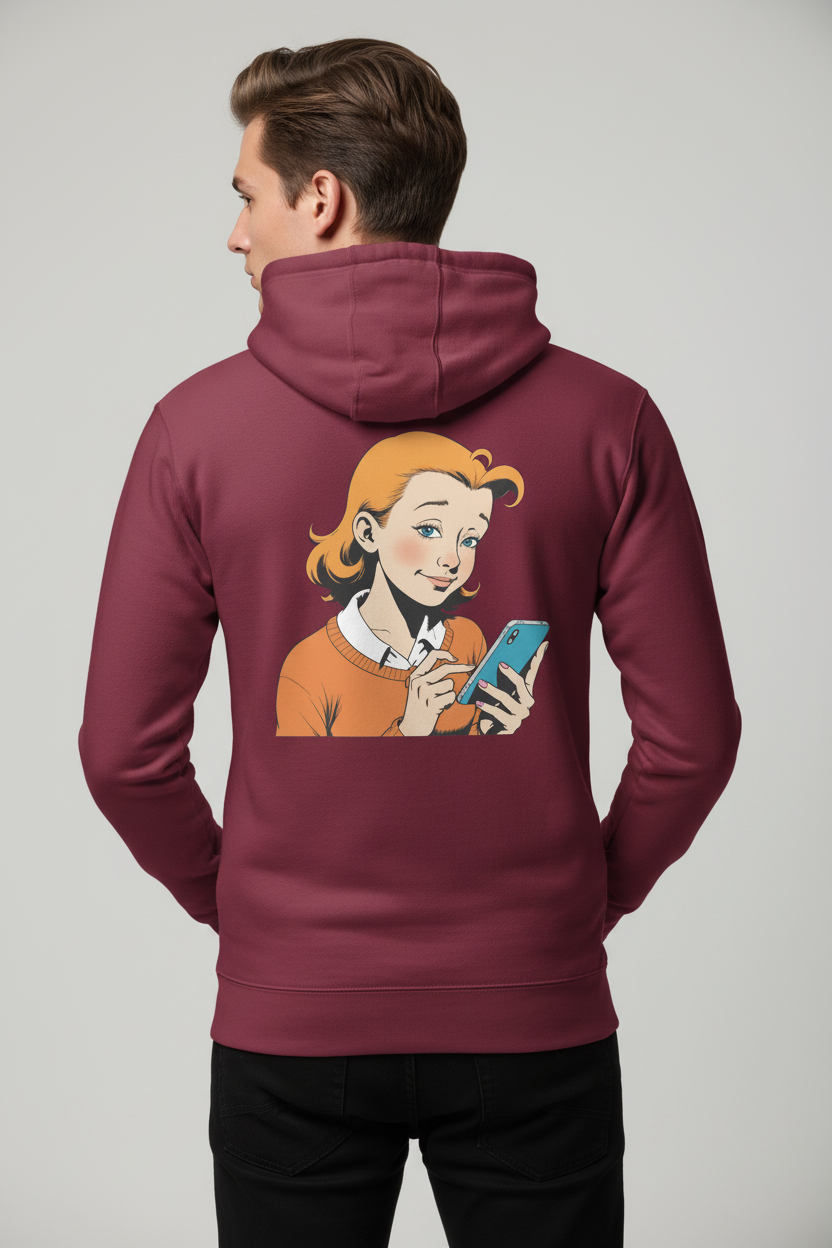 Burgundy unisex statement hoodie with retro comic print by flyliving, depicting a smiling red-haired girl on a phone, worn from the back.