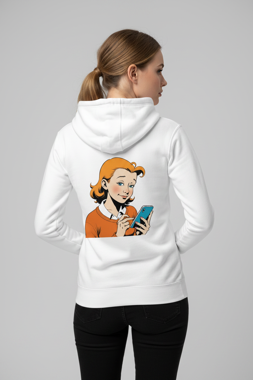 White unisex hoodie by flyliving with a retro comic print of a woman on a blue phone, shown from the back over black jeans.