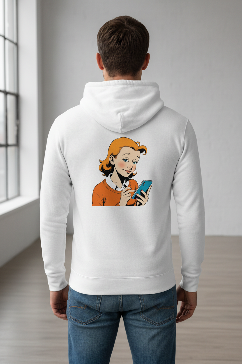 Unisex white hoodie by flyliving with a retro comic print of a girl on the back, from a back view.
