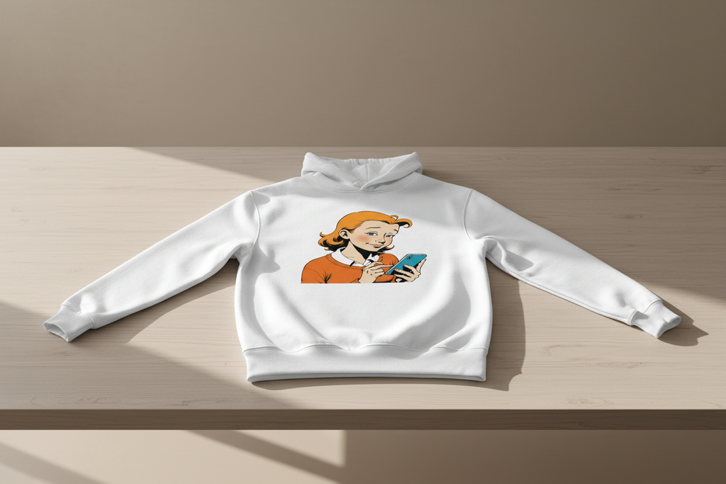 White hoodie with a retro comic print by flyliving, featuring a cartoon girl on a smartphone, lying flat on a light wooden surface.