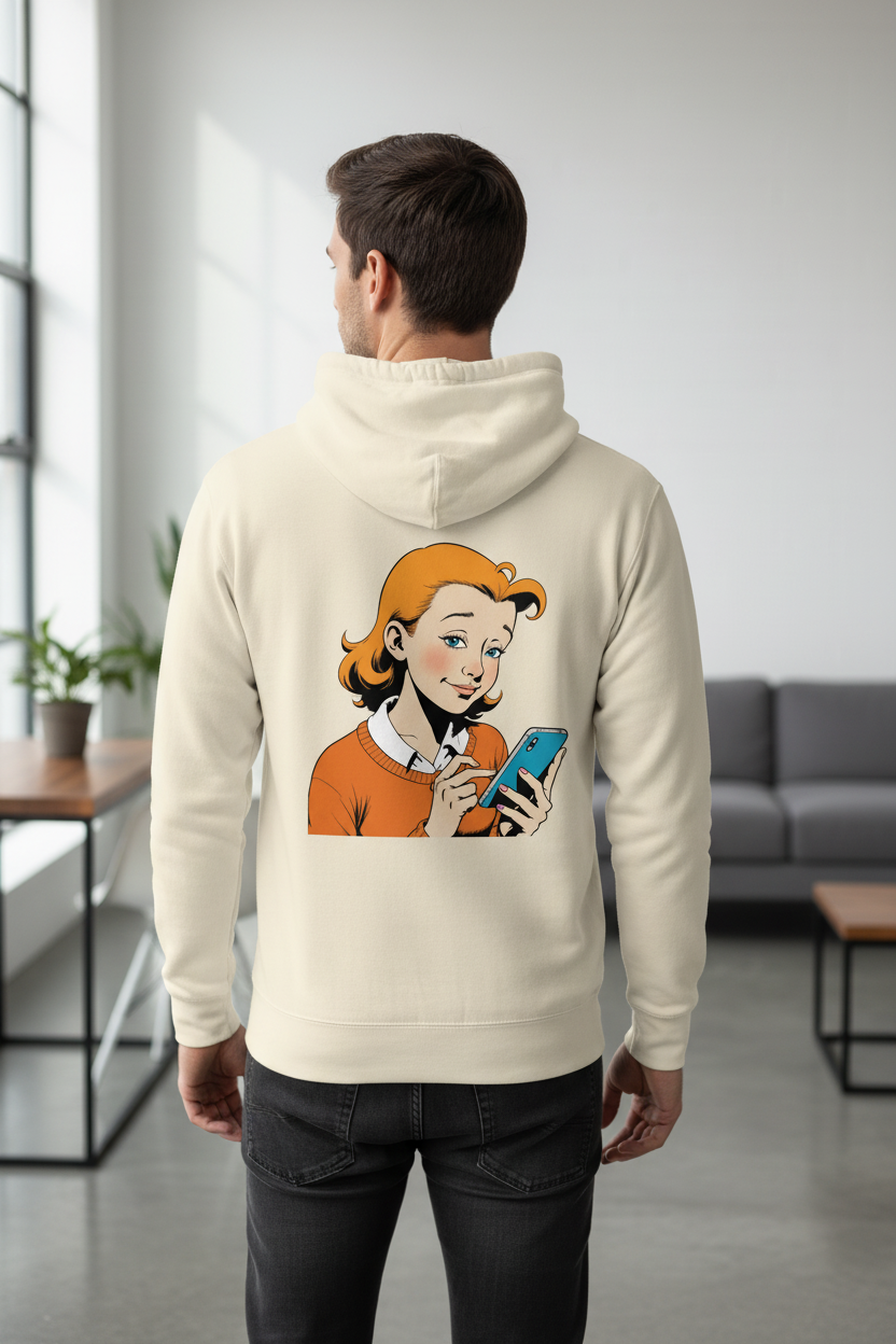 Unisex beige hoodie with a retro comic print by flyliving, featuring a red-haired woman using a phone, back view.
