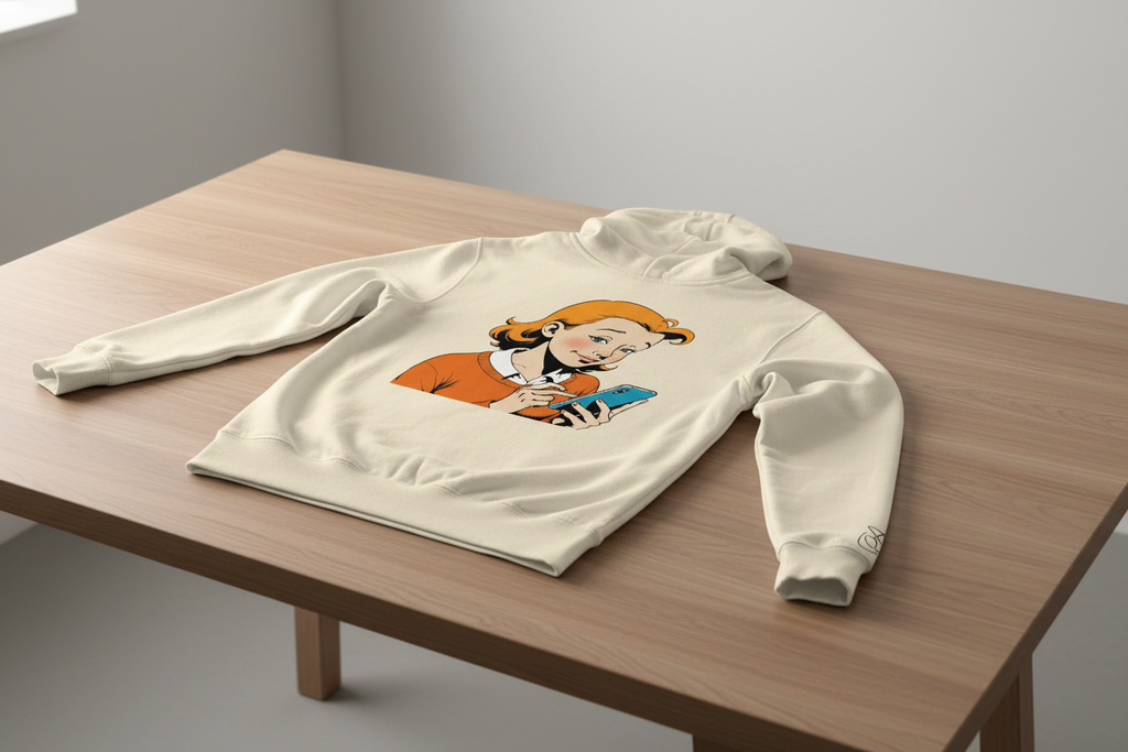 Cream unisex retro comic print hoodie by flyliving, featuring a girl on a phone, laid on a wooden table.