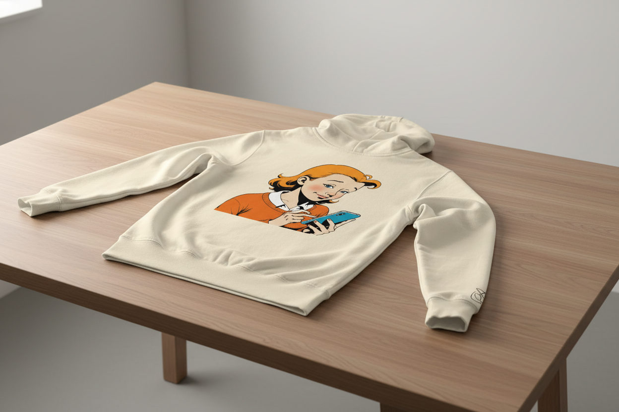 Cream unisex retro comic print hoodie by flyliving, featuring a girl on a phone, laid on a wooden table.