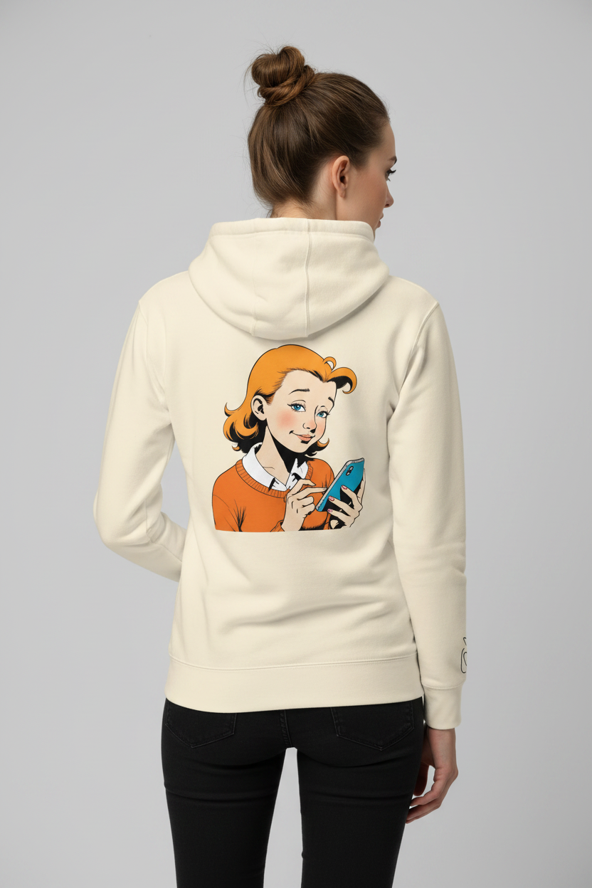 Cream unisex hoodie by flyliving, featuring a retro comic print of a woman on the back, worn by a model in black pants.