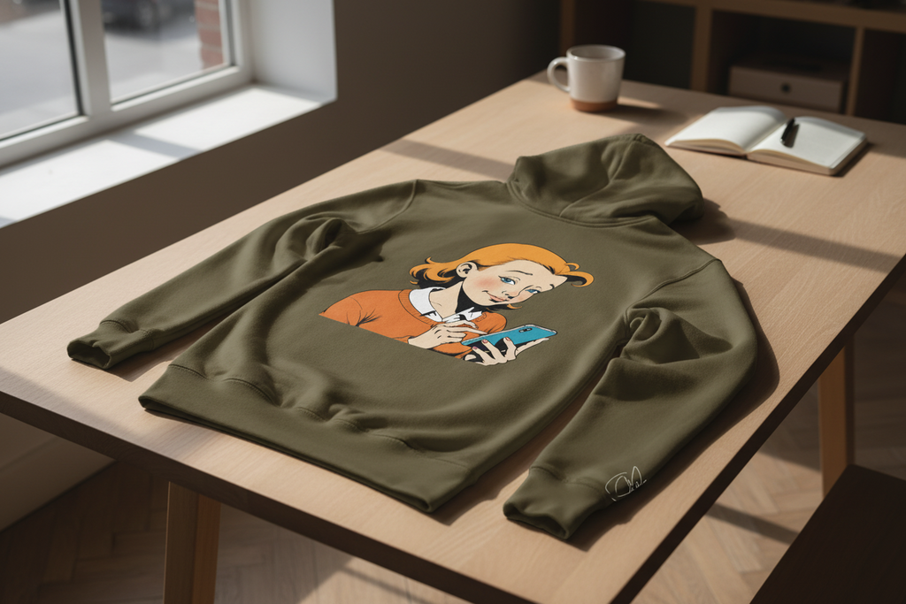Olive green unisex hoodie with a retro comic print by flyliving, featuring a woman texting on a phone, laid flat on a wooden table.