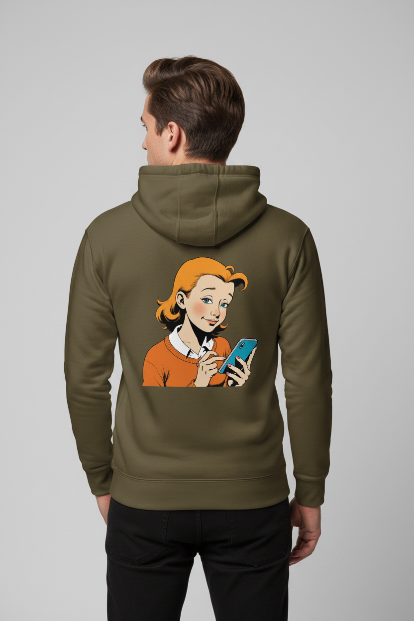 Unisex olive green hoodie by flyliving with a retro comic print of a red-haired girl using a smartphone, back view.