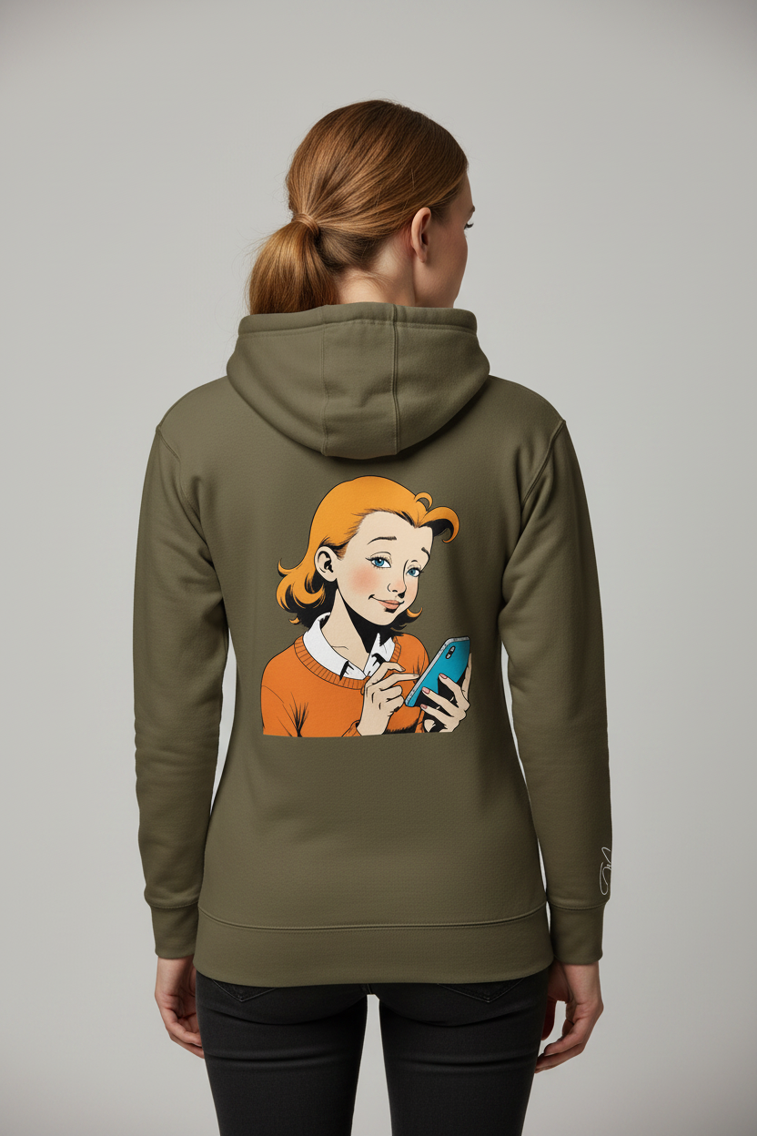Unisex olive green hoodie by flyliving with a retro comic print of a girl on the back, and a white graphic on the sleeve.