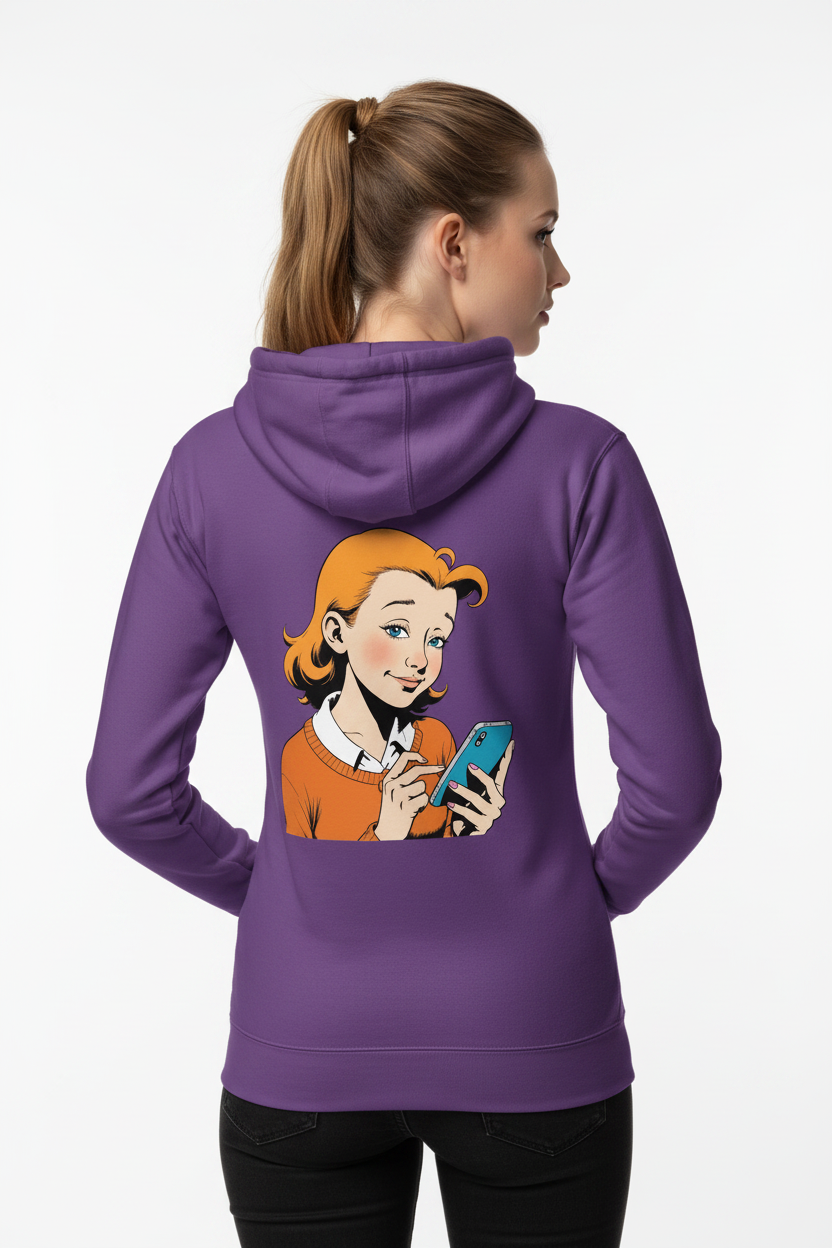 Purple Unisex Hoodie by flyliving, back view, with a retro comic print of a girl using a phone.