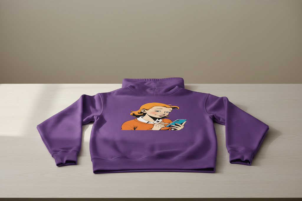 Unisex purple hoodie by flyliving with a retro comic print of a girl on a phone, laid flat.