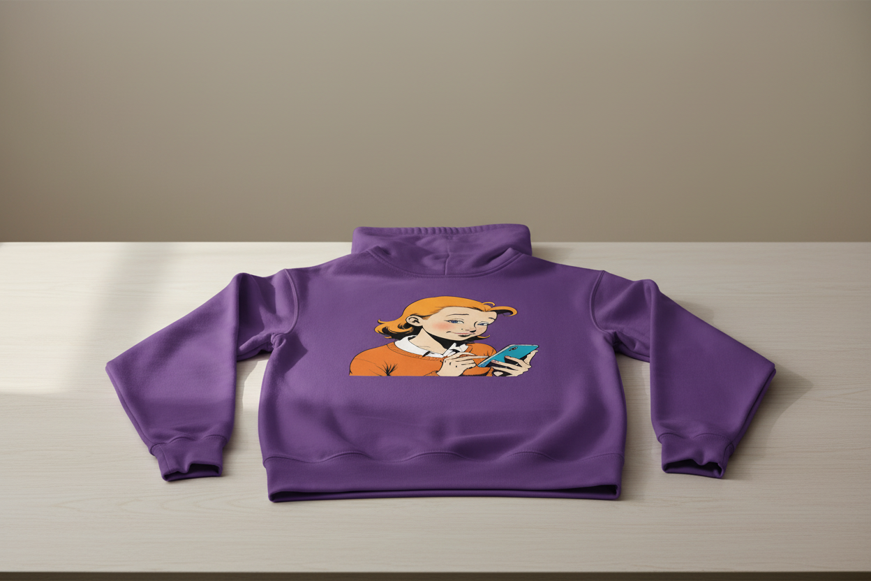 Unisex purple hoodie by flyliving with a retro comic print of a girl on a phone, laid flat.