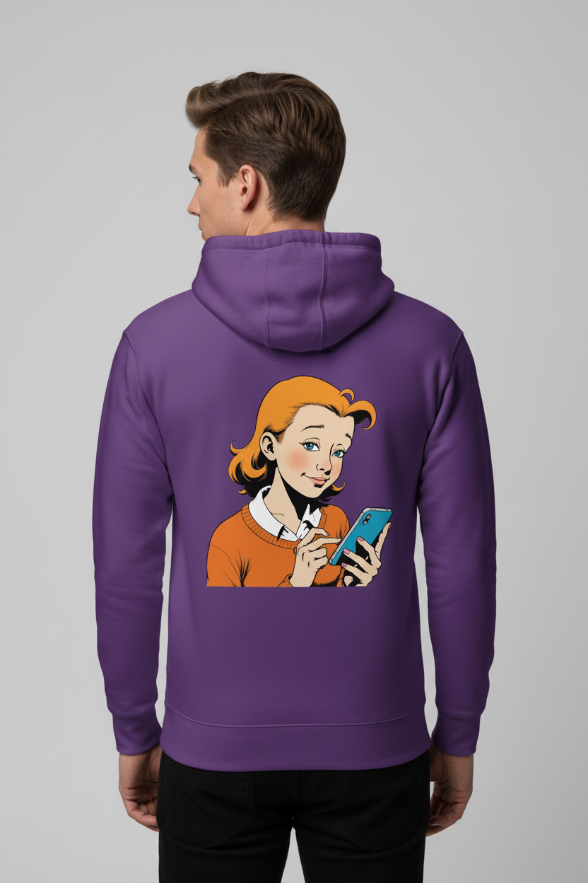 Unisex purple hoodie with retro comic print by flyliving, featuring a smiling woman texting on a blue smartphone on the back.