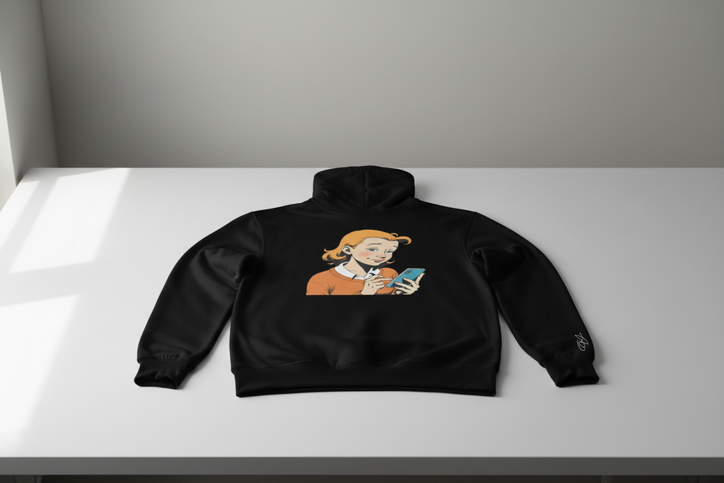 Black hoodie by flyliving with a retro comic print of a woman using a phone, laid flat.