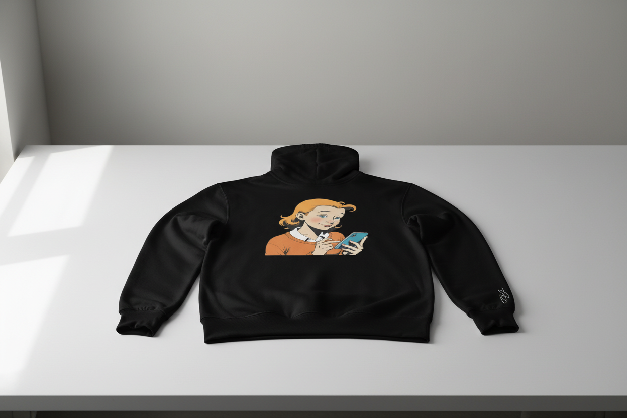 Black hoodie by flyliving with a retro comic print of a woman using a phone, laid flat.
