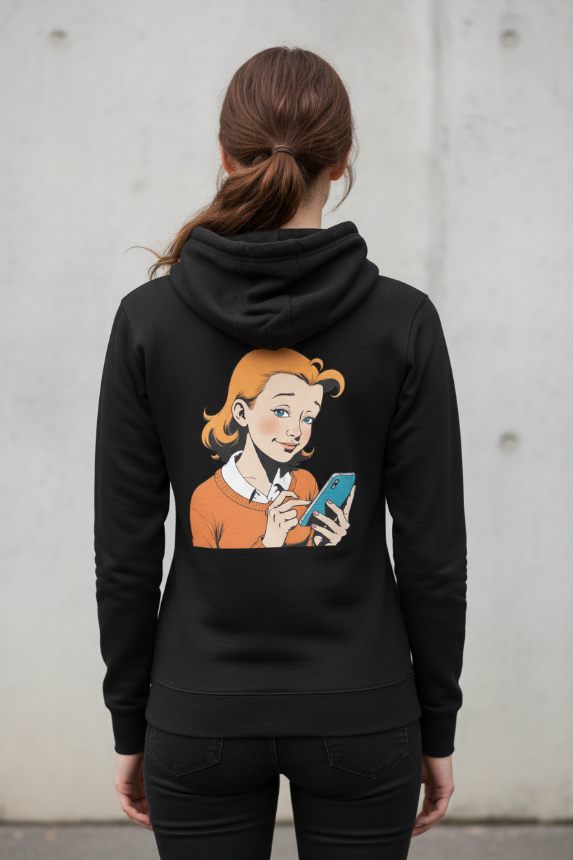 Black hoodie by flyliving with a retro comic print of a girl using a phone on the back, worn from behind.