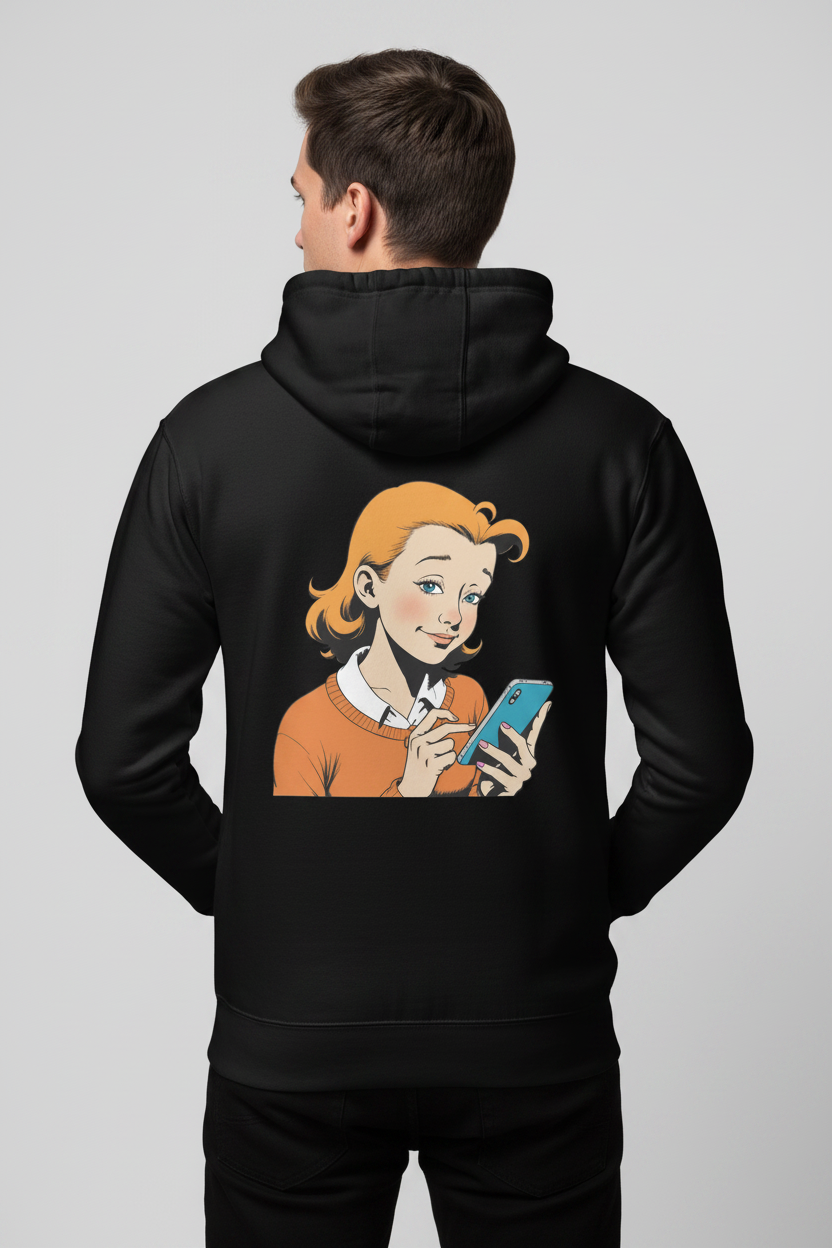 Black hoodie by flyliving featuring a retro comic print of an orange-haired woman interacting with a blue smartphone on the back, worn by a person.