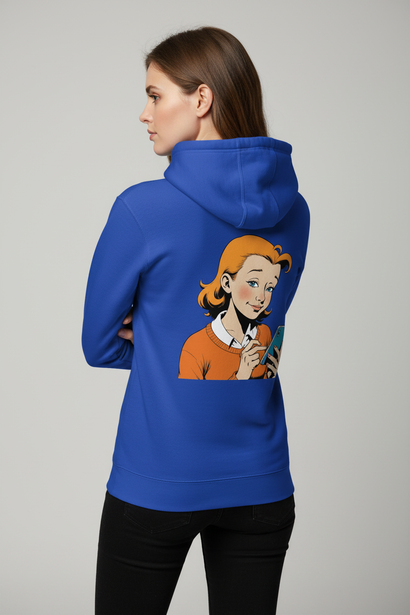 Blue unisex hoodie with a retro comic print by flyliving, depicting an orange-haired girl using a phone, back view.