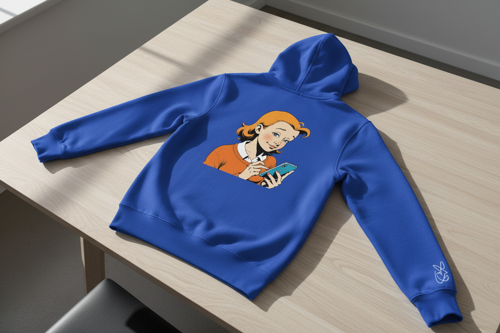 Blue unisex hoodie by flyliving with a retro comic woman texting print on the back and a bunny logo on the sleeve, laid flat on a table.