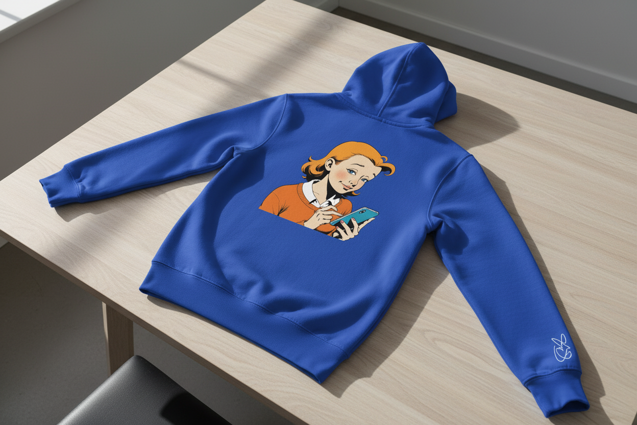 Blue unisex hoodie by flyliving with a retro comic woman texting print on the back and a bunny logo on the sleeve, laid flat on a table.