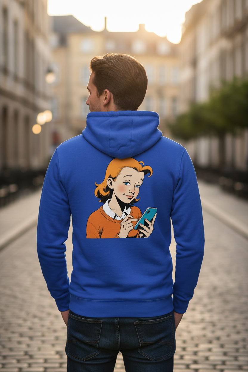 Blue unisex hoodie by flyliving featuring a retro comic print of a red-haired woman with a smartphone, viewed from behind.