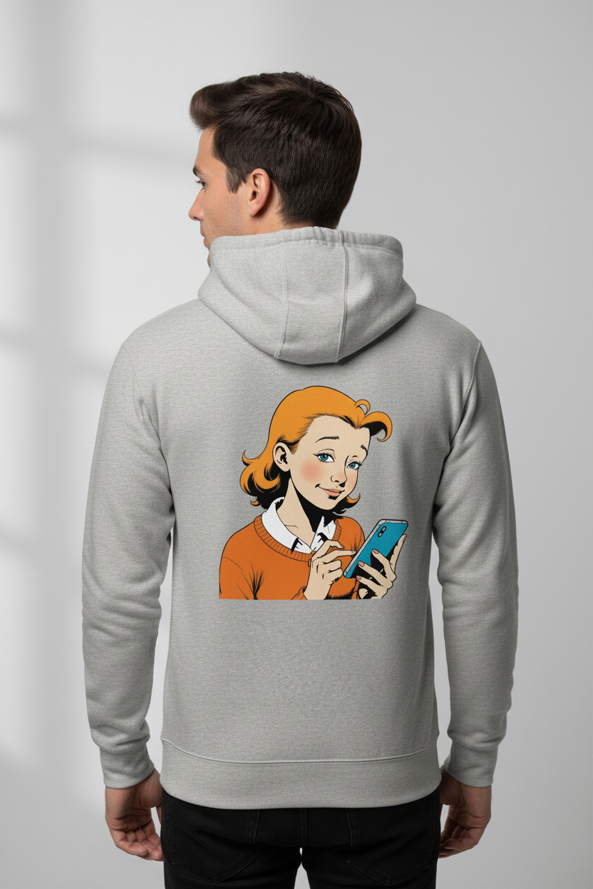 Unisex grey hoodie by flyliving featuring a retro comic print of a girl using a smartphone on the back.