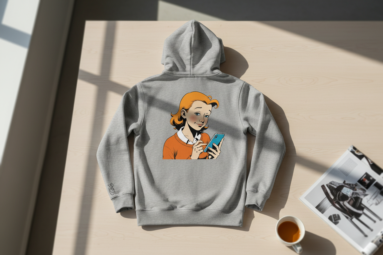 Grey unisex hoodie by flyliving with a retro comic print of a woman on a phone, laid flat on a wooden table with a coffee cup.